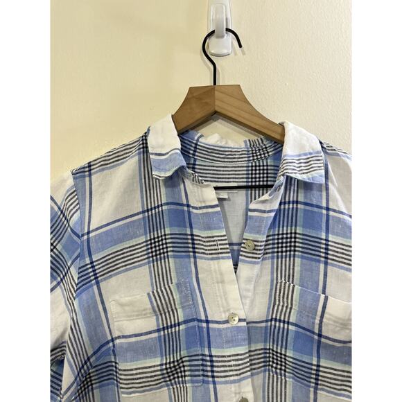 Linen Button Up Tunic Shirt Check Plaid Dress Coastal Cottage Resort Preppy - Picture 2 of 15
